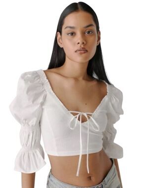 Urban Outfitters Womens White Rozi Puff Sleeve Front Tie Cropped Blouse Size XS